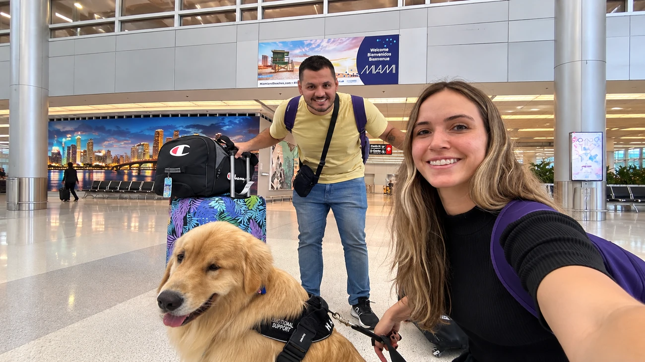 Desembarque de cão de suporte emocional com seus tutores no aeroporto de Miami