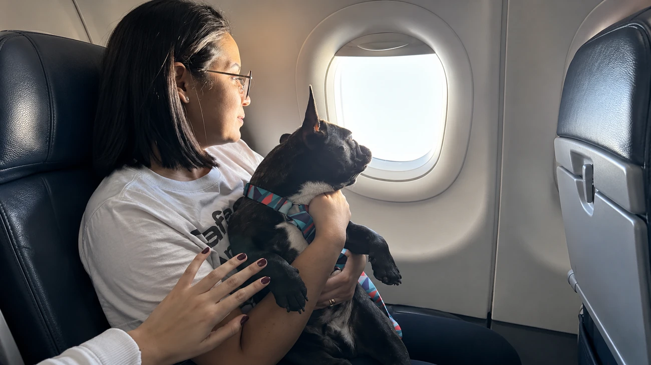Tutora segurando seu buldogue francês olhando pela janela do avião durante o voo